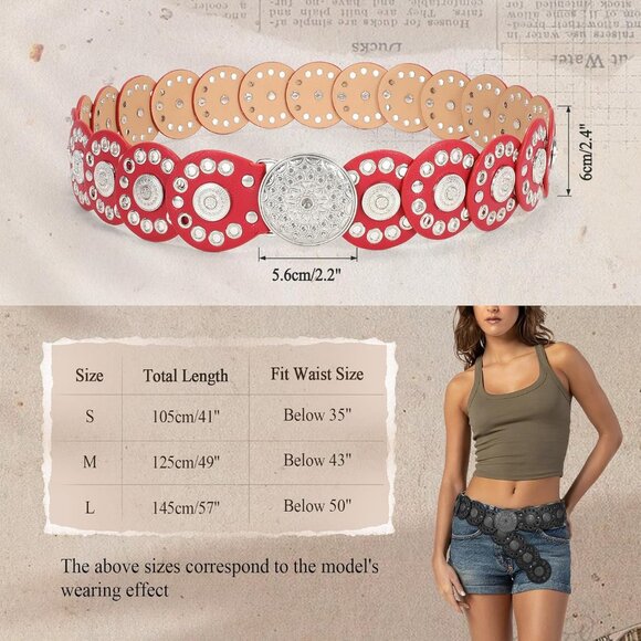 Women Vintage Disc Waist Concho Leather Belt Boho Waist Belt Red Silver Buckle - Picture 5 of 7